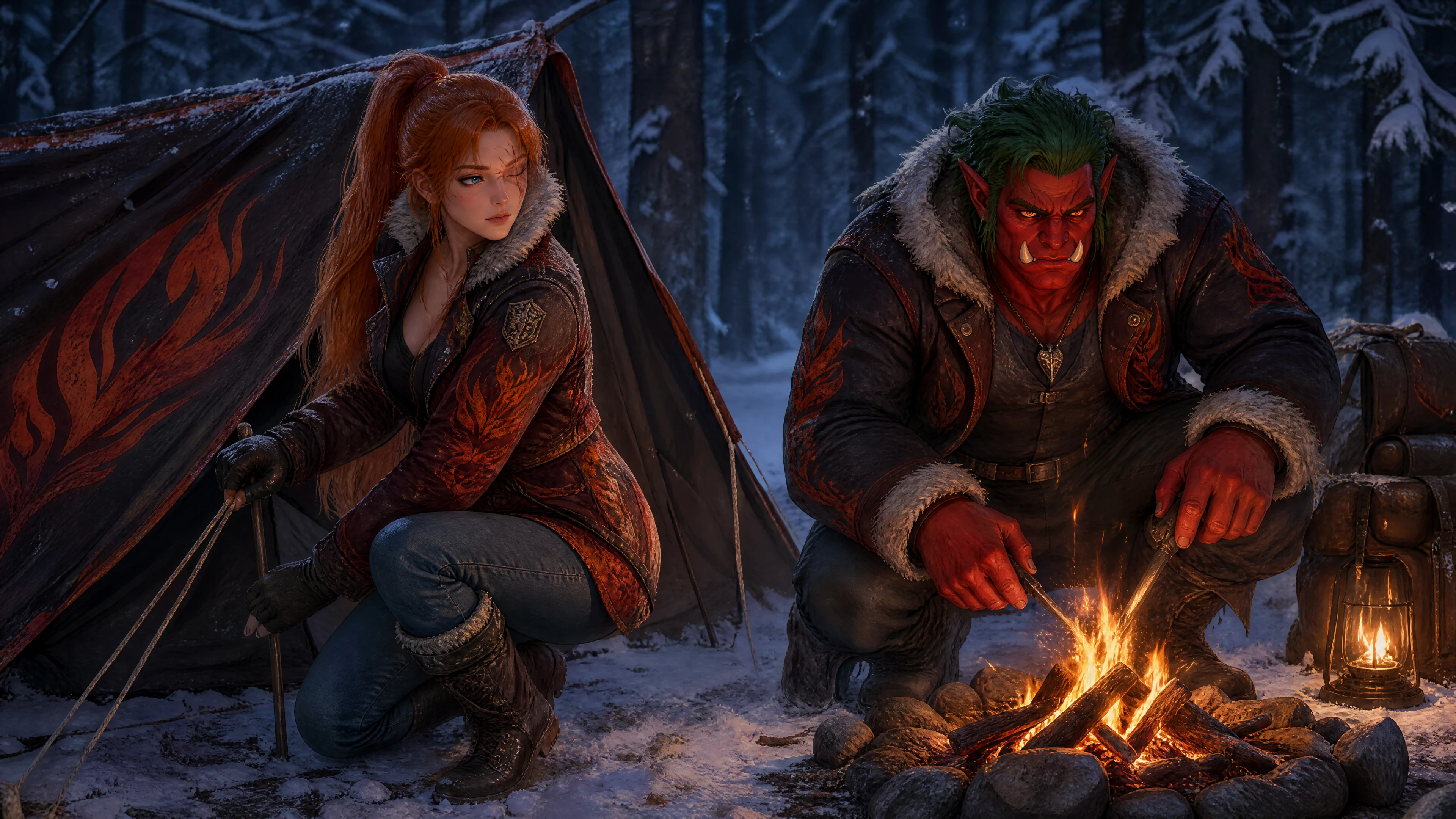 Fantasy couple camping together in a snowy winter forest