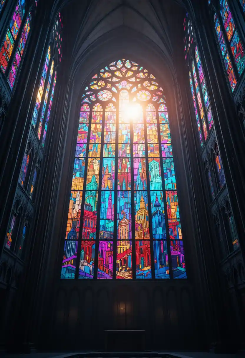 Cyberpunk cathedral skyline glowing like stained glass window