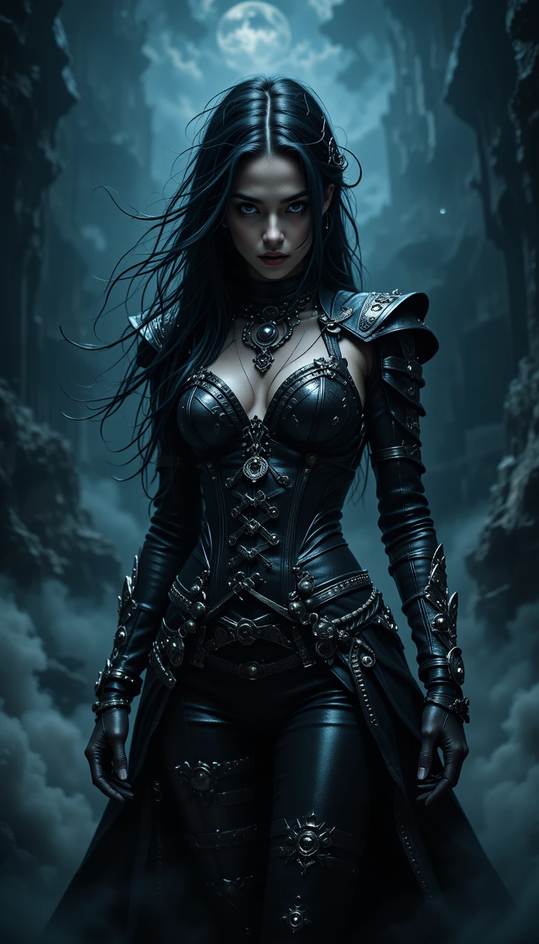 Rainha pirata desafiadora em um reino sombrio sob tempestade