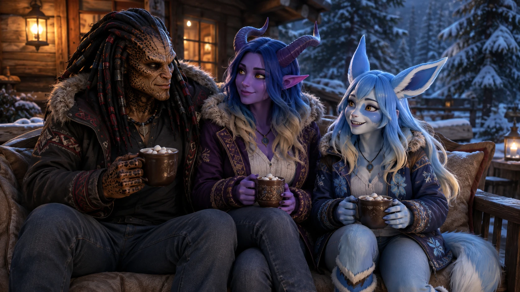 Poly couple sharing hot cocoa outside a winter cabin