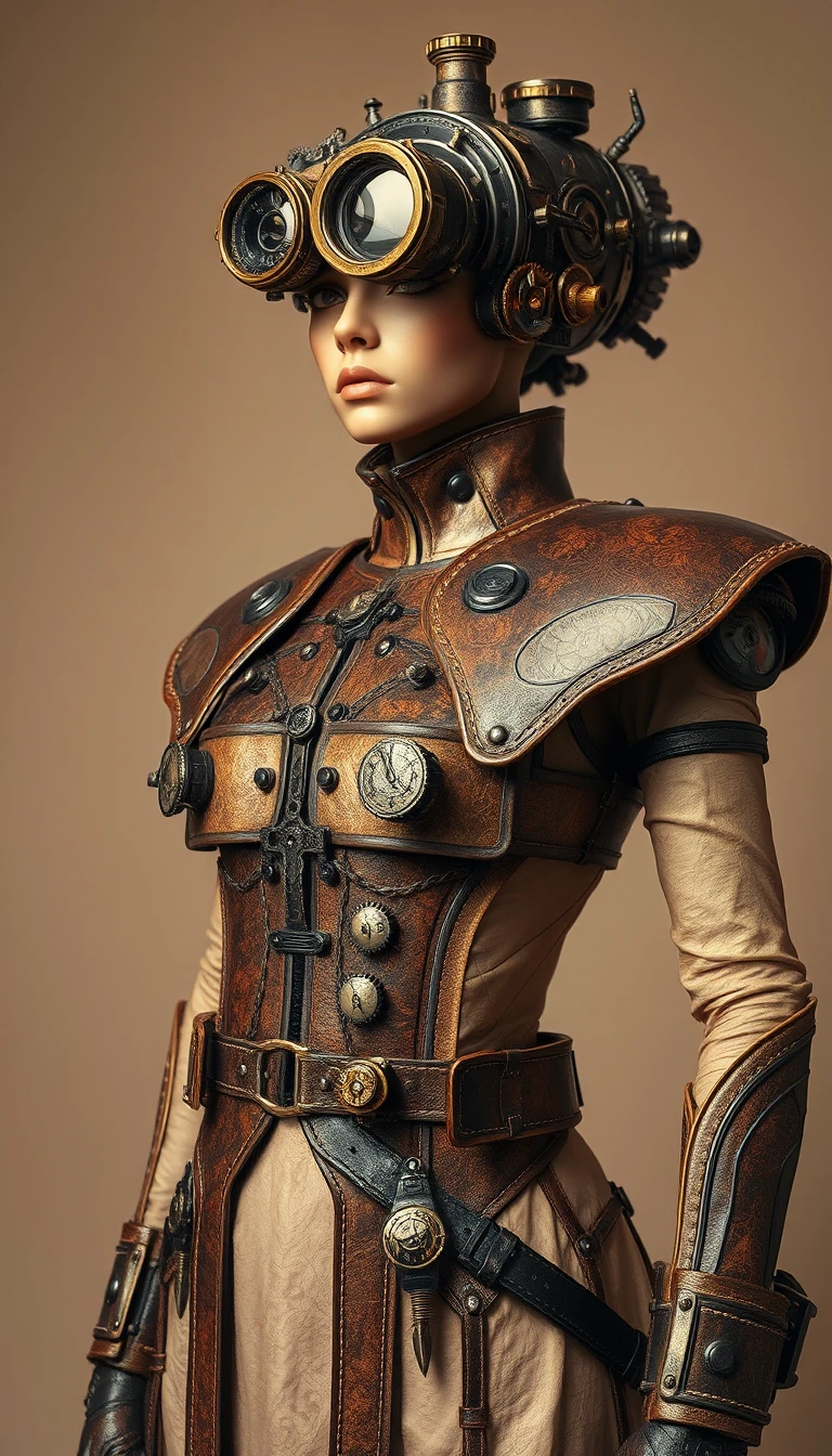 Retrato de sentinela ciborgue steampunk em luz de estúdio quente