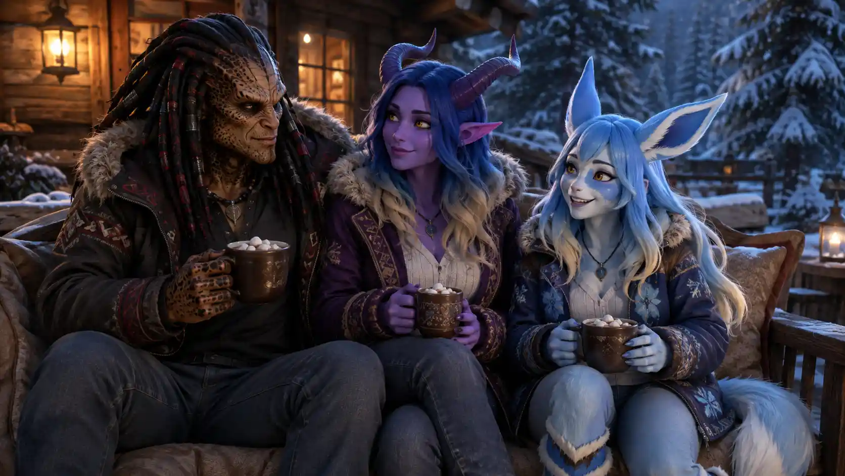 Poly couple sharing hot cocoa outside a winter cabin