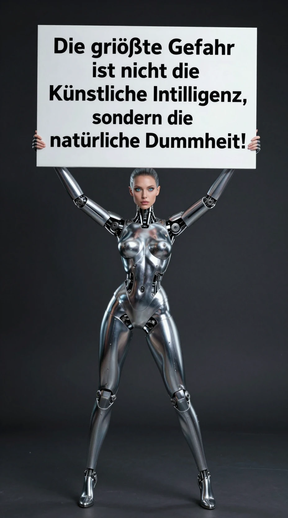 Femme robot humanoïde tenant une pancarte de protestation en studio