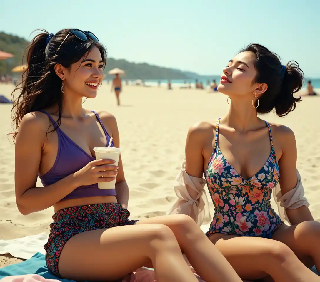 Two young women relaxing together on a sunny beach