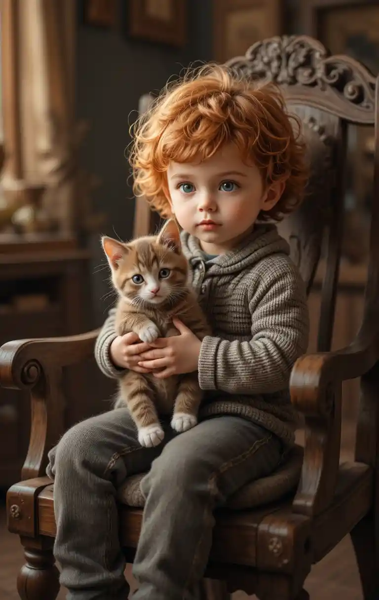 Young boy holding a cute kitten on a wooden chair
