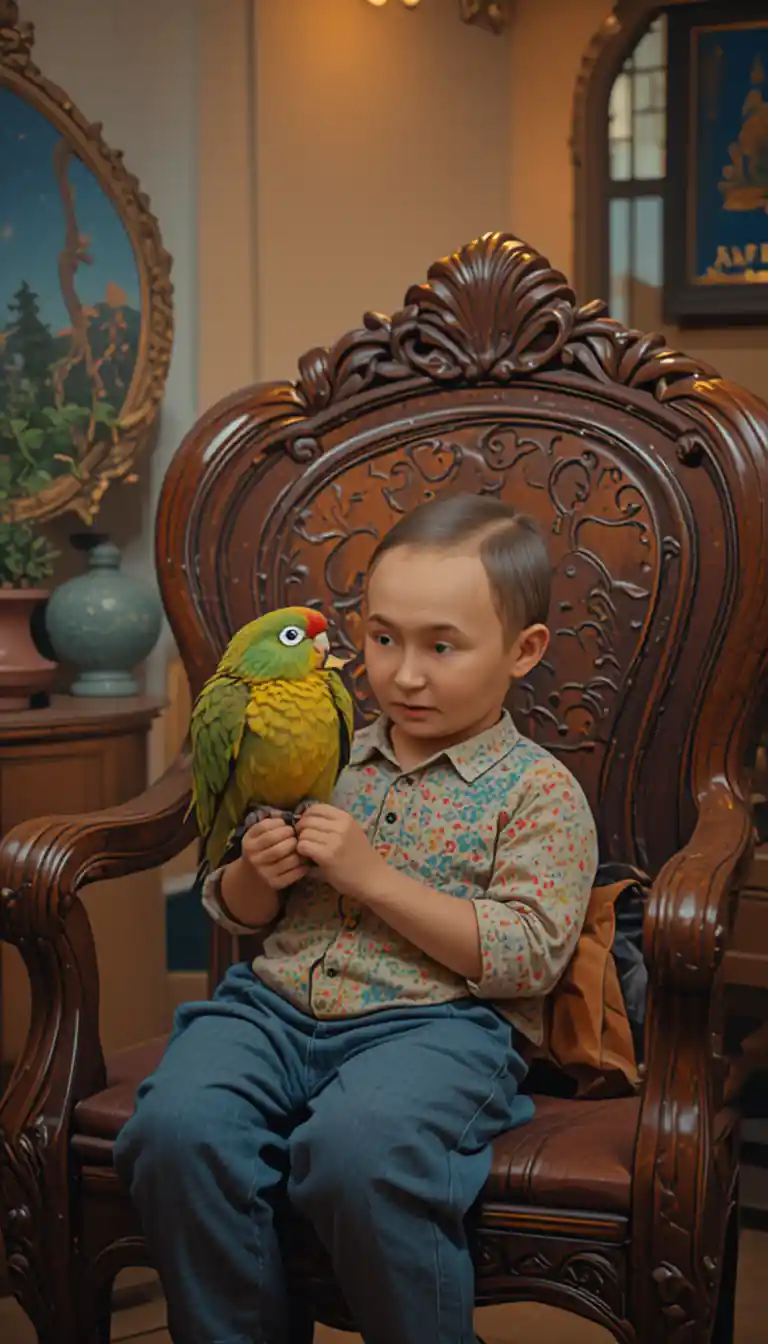 Little boy holding a young parrot on wooden chair