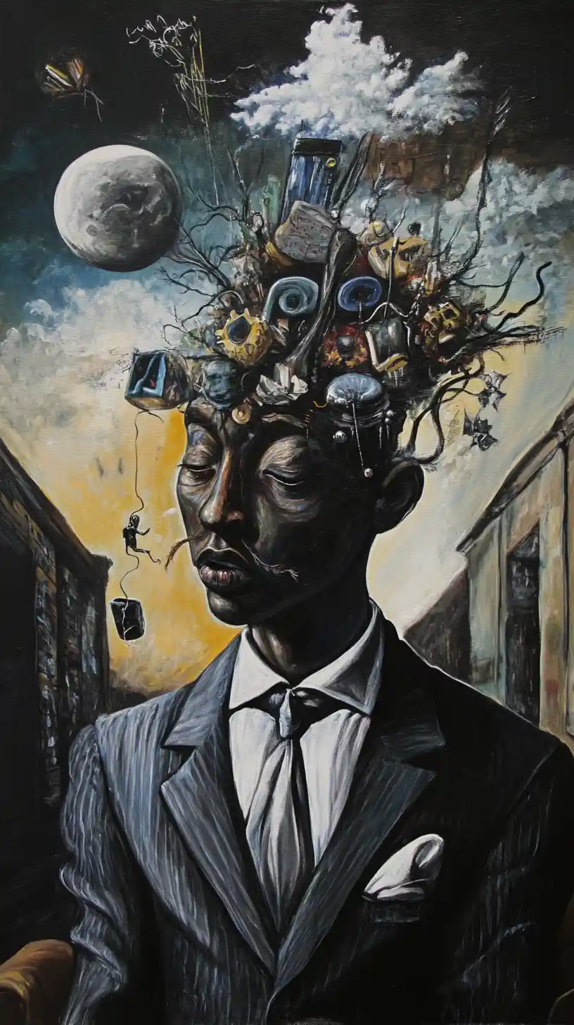 Dark intense man surrounded by symbolic violent imagery