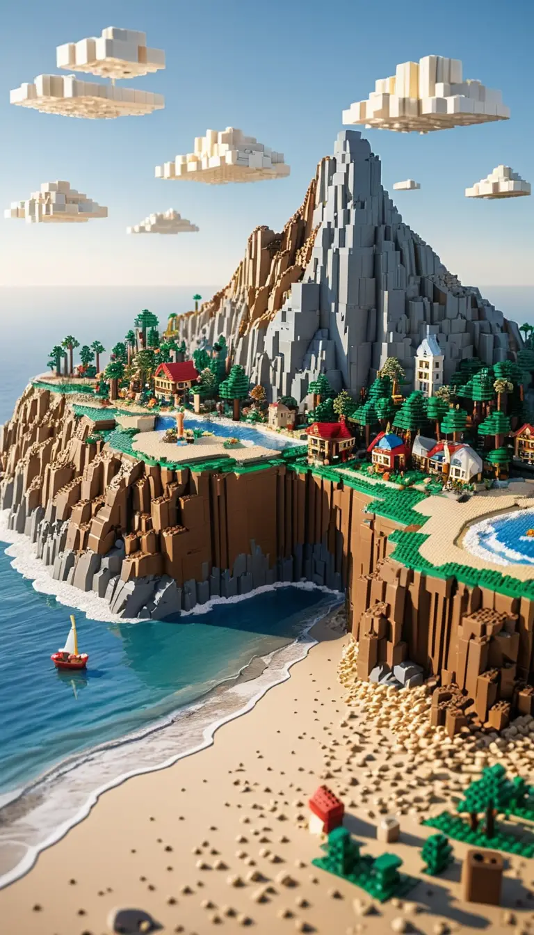 Montanha da Mesa de blocos Lego sobre uma praia costeira divertida