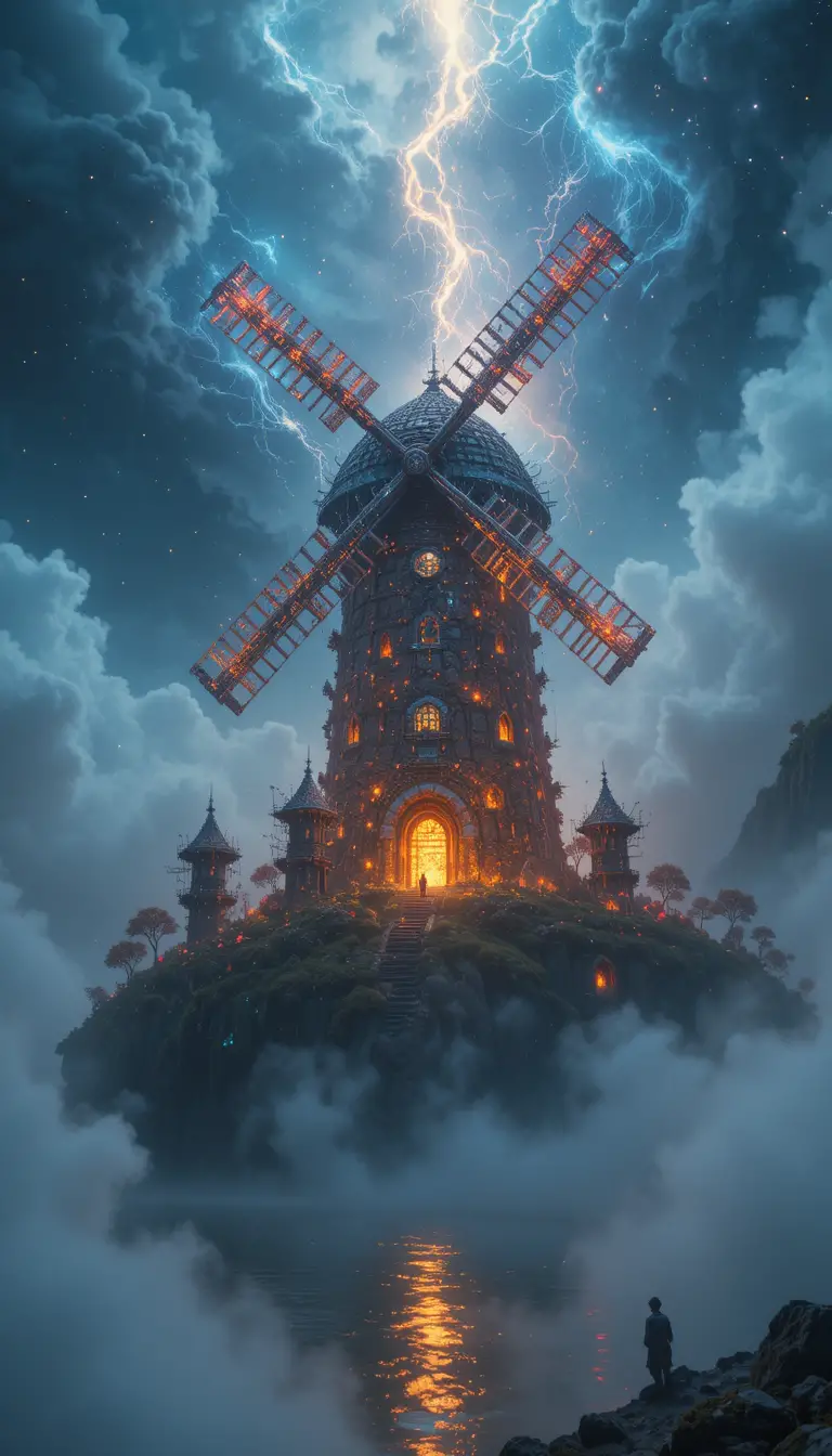 Kristallwindmühle auf einer schwebenden Insel im kosmischen Nebel
