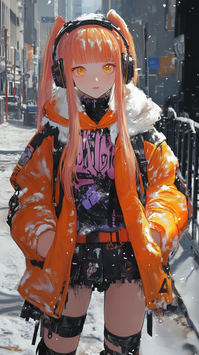 Garota de anime com casaco de inverno laranja, fones de ouvido e máscara