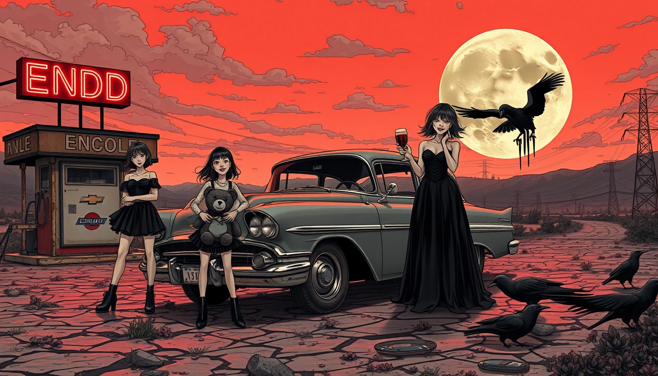 Darkly comic women at ruined gas station under melting moon