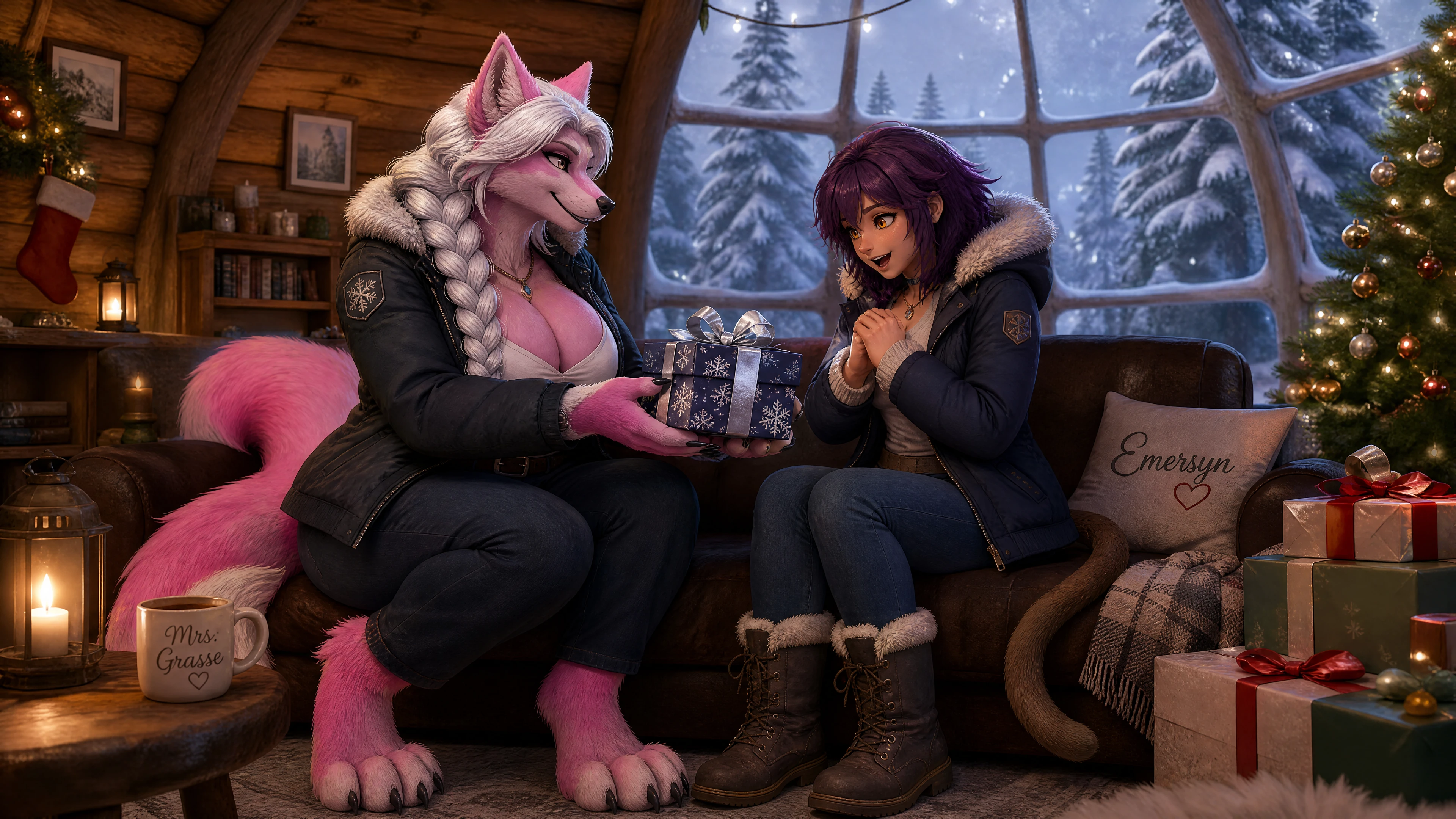 Anthro werewolf wife giving a Christmas gift in cabin