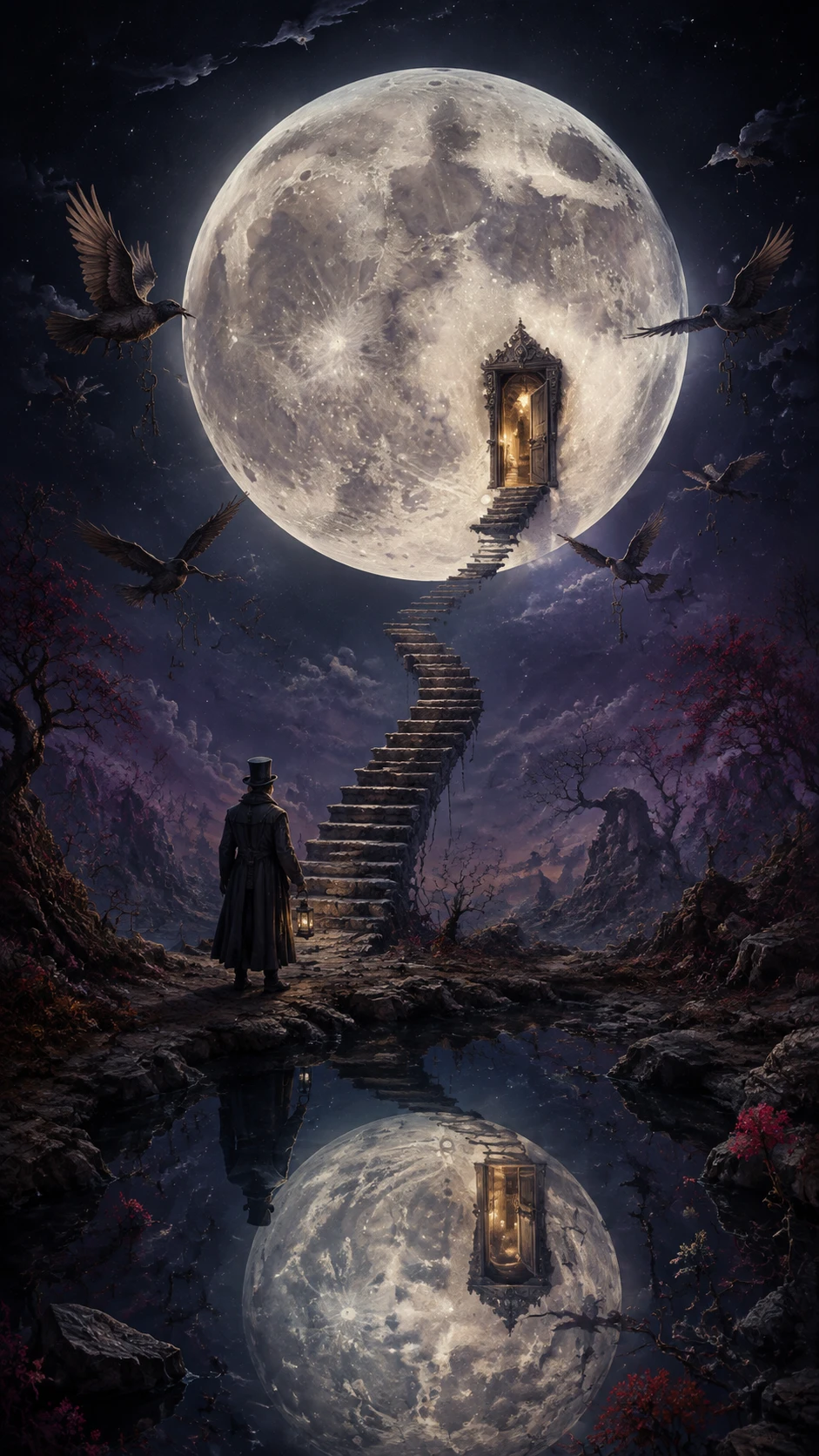 Lone traveler facing a glowing doorway in the moon