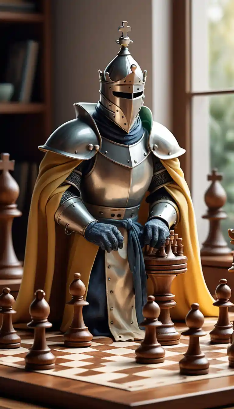 Whimsical chess character planning a winning move at table