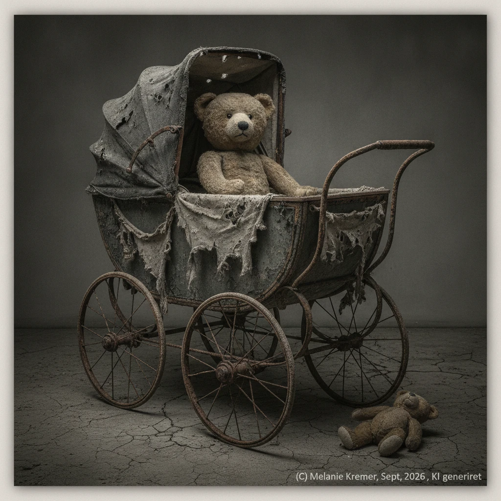 Weathered teddy bear in a tattered antique baby carriage