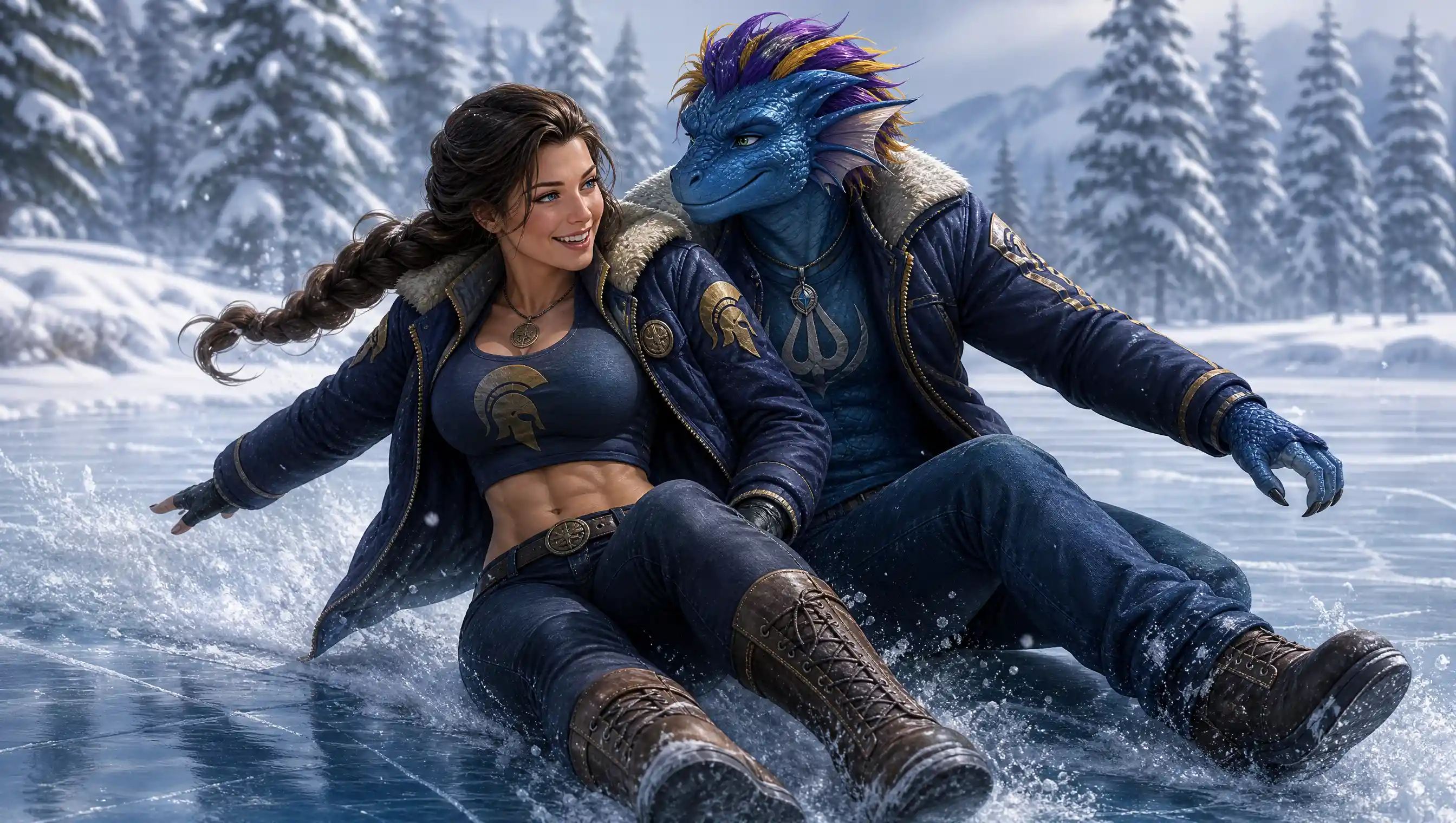 Spartan woman and leviathan husband sliding on frozen lake