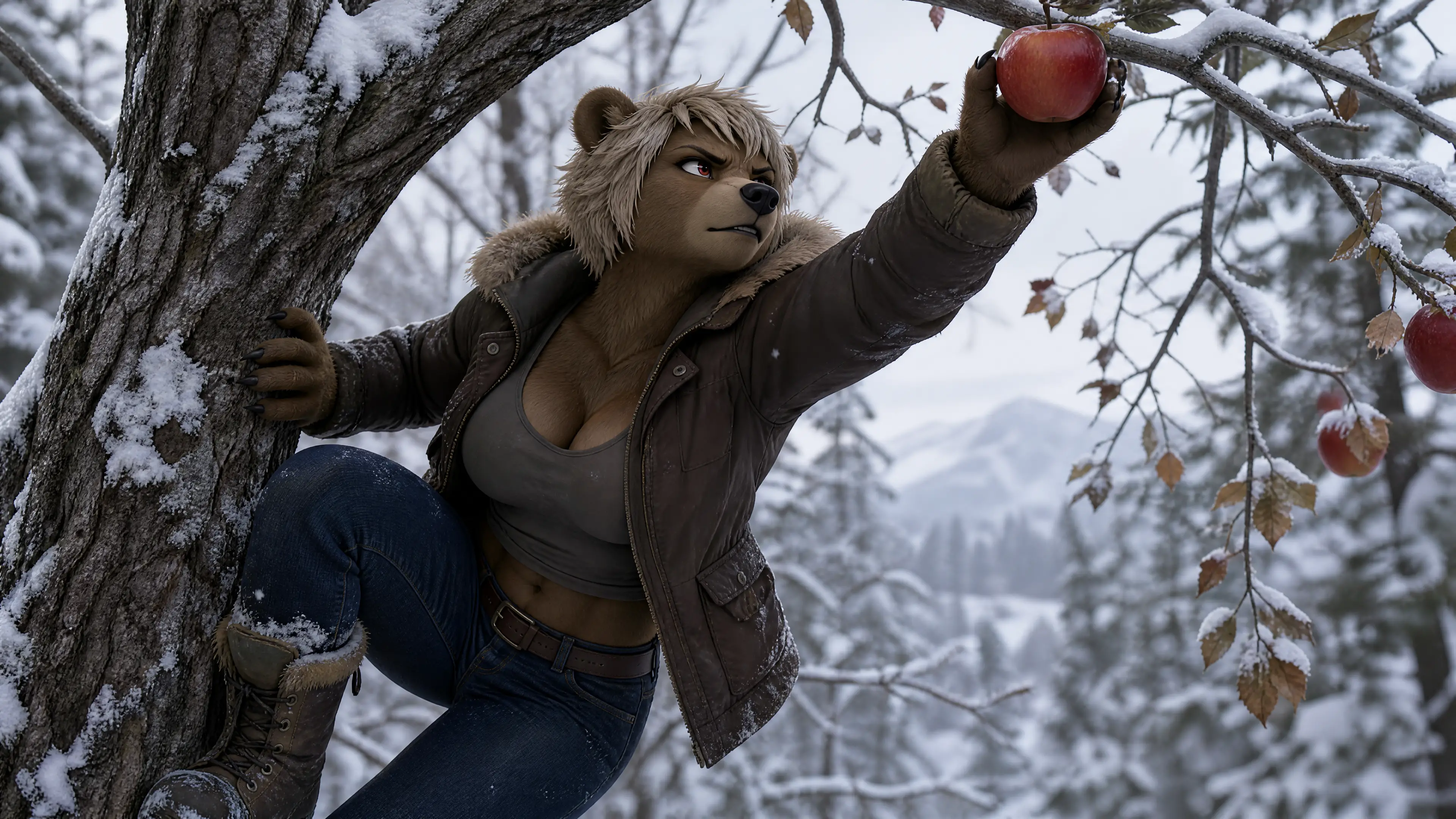 Anthro grizzly woman climbing a snowy forest apple tree