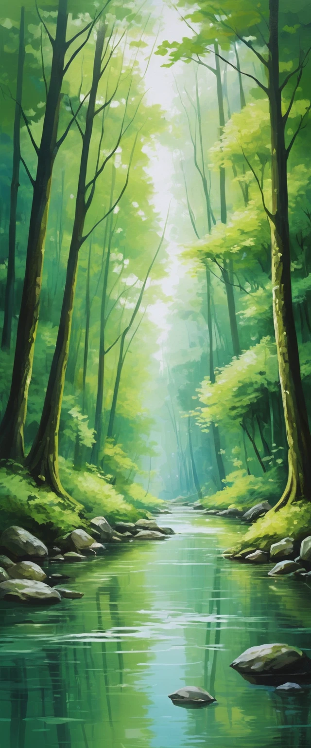 Tranquil forest with clear stream and green trees
