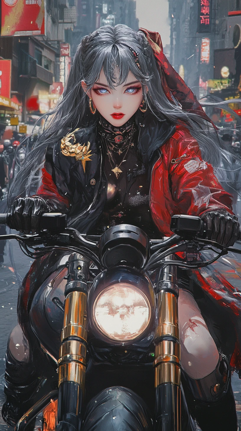 Garota de anime pilotando uma moto cyberpunk em meio a tumultos