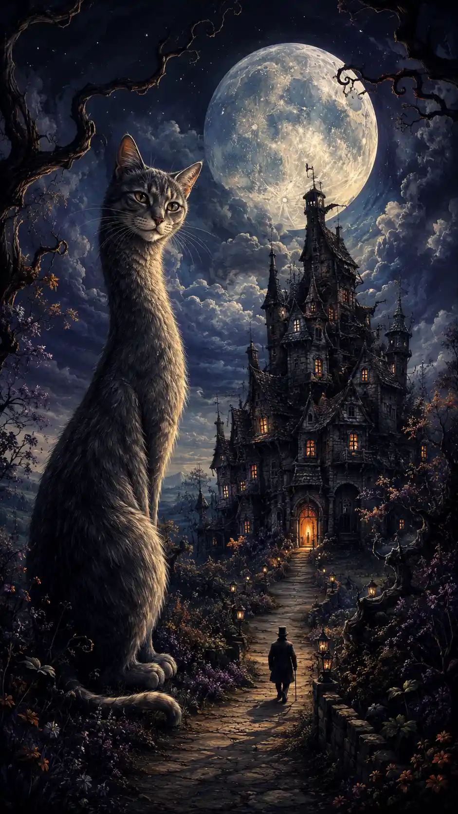 Giant moonlit cat beside an ancient crooked manor
