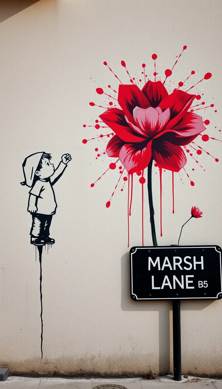 Street art mural with child silhouette and red paint burst
