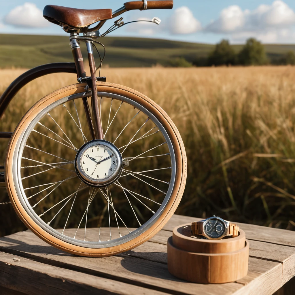 Vintage-Fahrradrad mit Digitaluhr im warmen Sonnenlicht