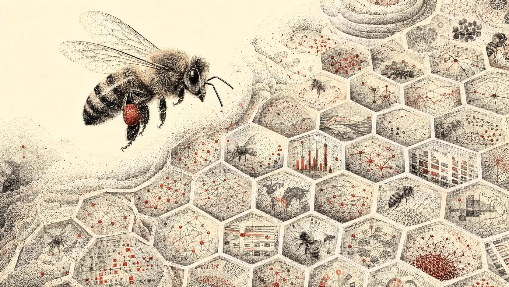 Honeybee Hovering Over Surreal Data Filled Honeycomb Pattern