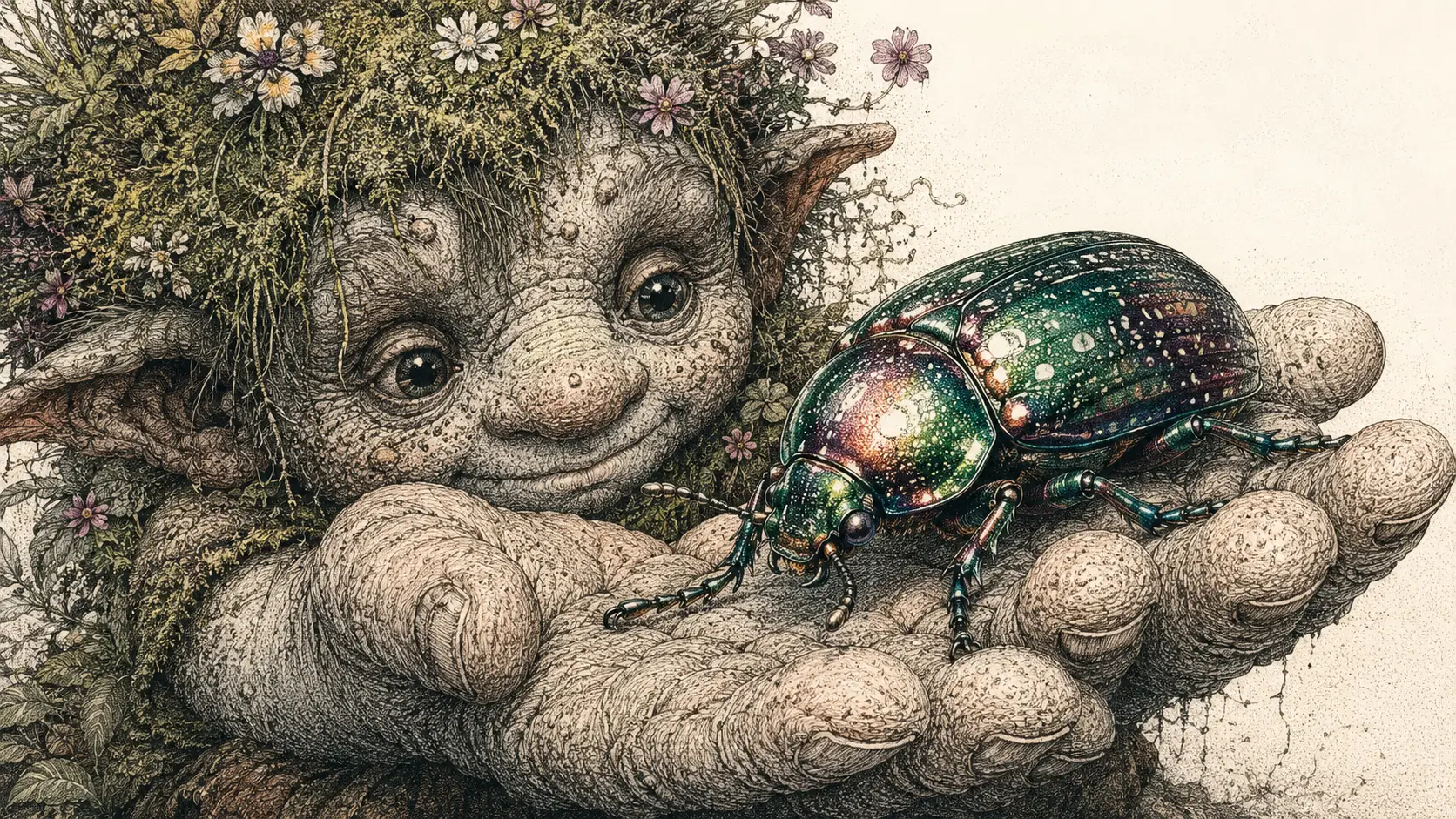 Small troll cradling a jewel beetle in a gentle portrait