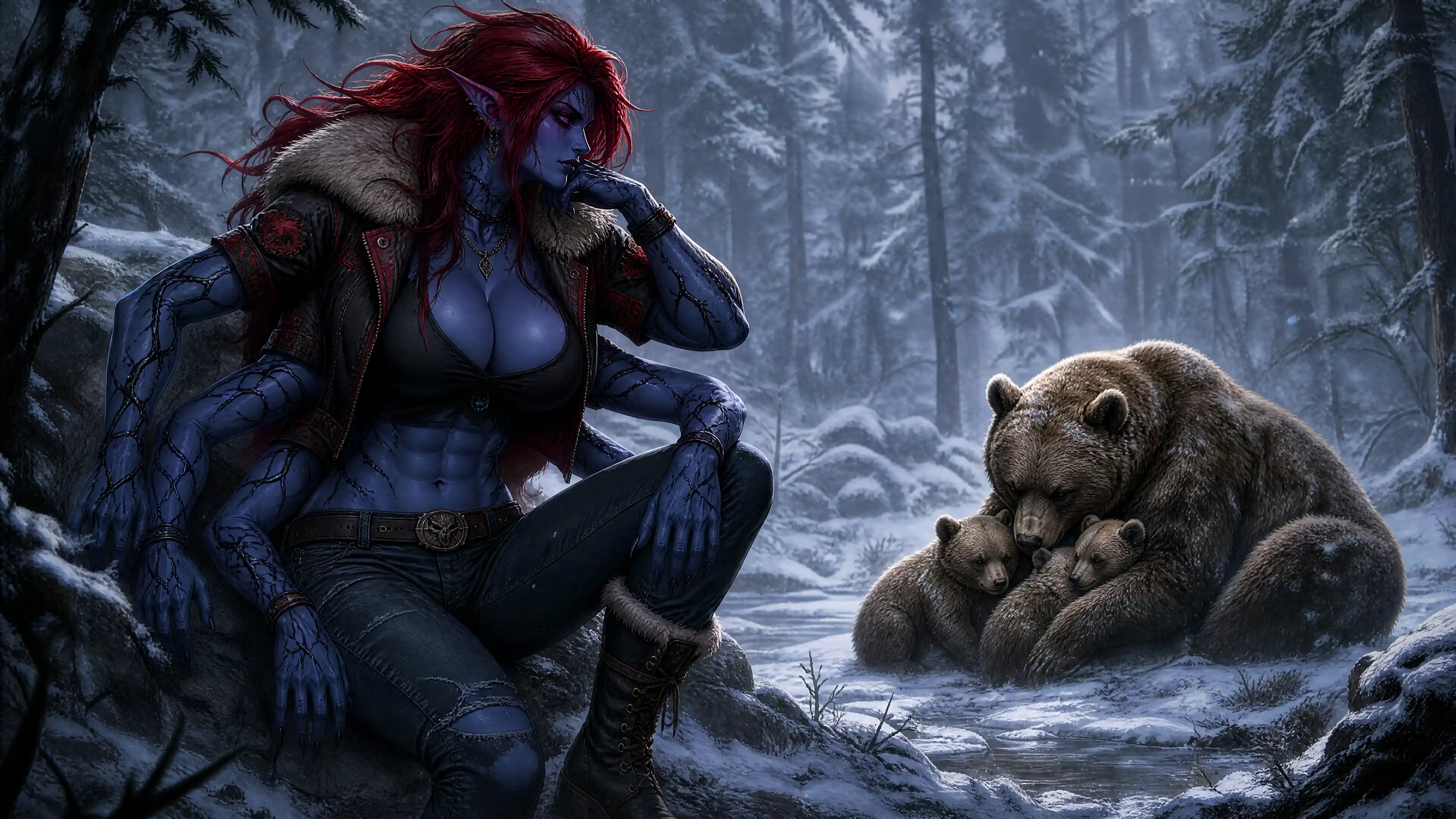 Blue skinned rakshasi woman watching bears in snowy forest