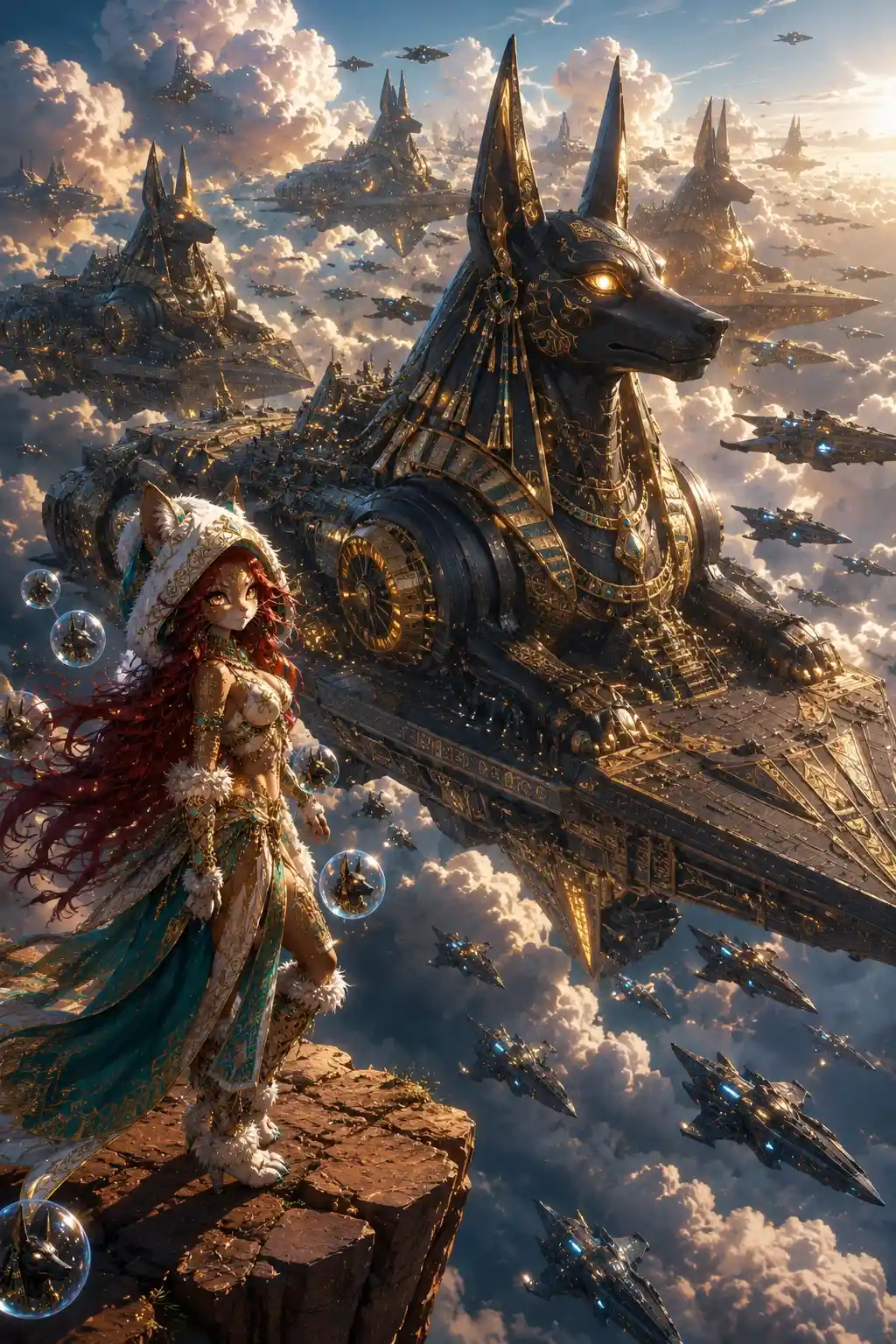 Low angle view of colossal mechanical warship in the sky