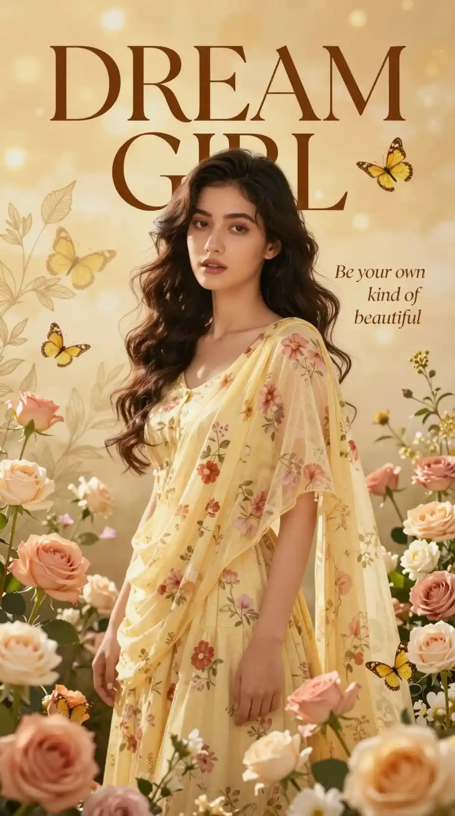 Dreamy floral portrait of a girl in yellow dress