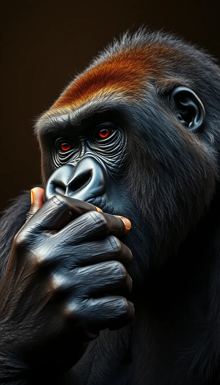 Gorilla-Porträt in extremer Nahaufnahme mit nachdenklichem Blick