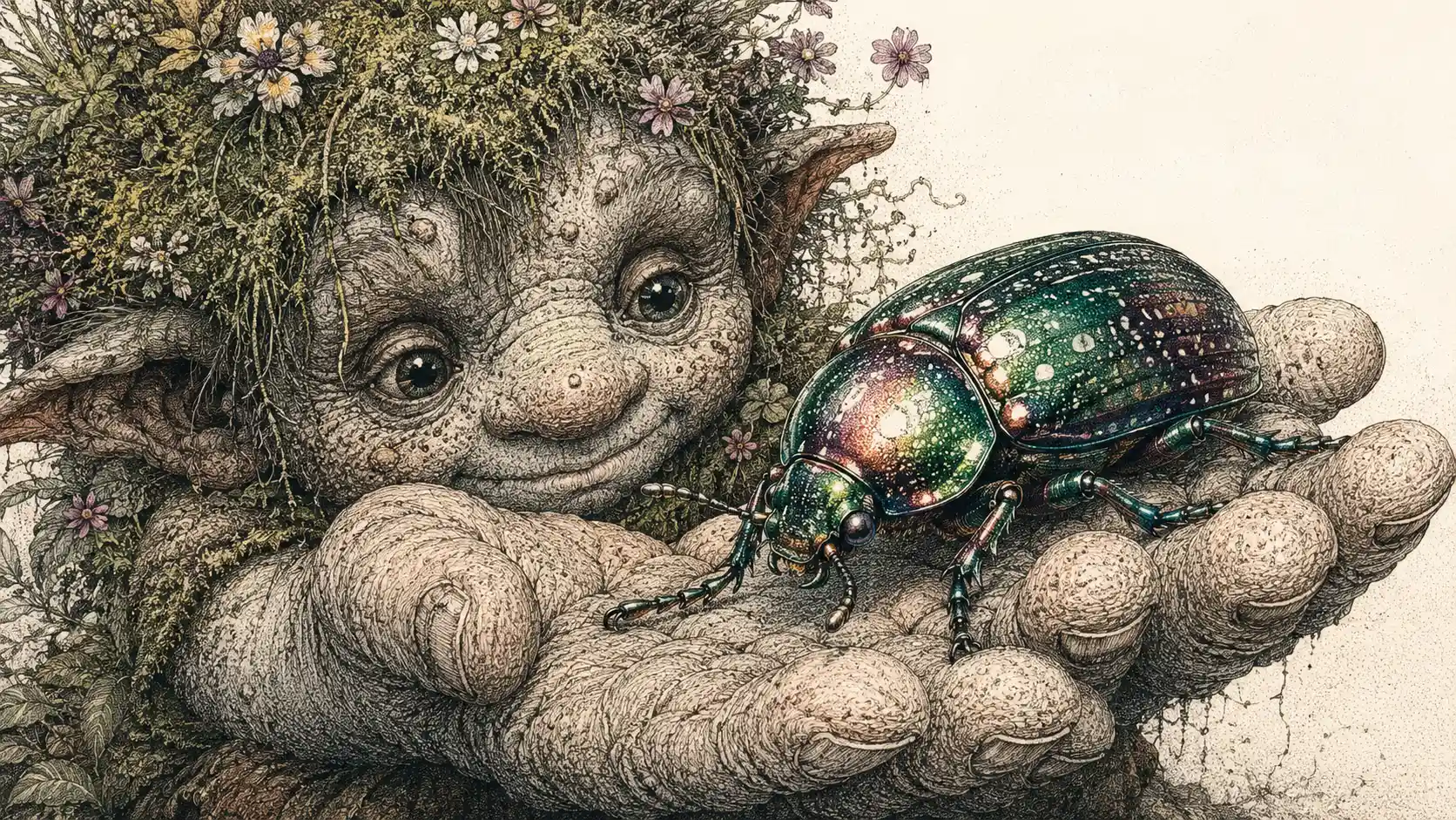 Small troll cradling a jewel beetle in a gentle portrait