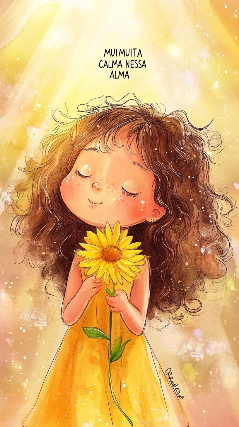 Petite fille avec gerbera jaune dans une douce lumière aquarelle