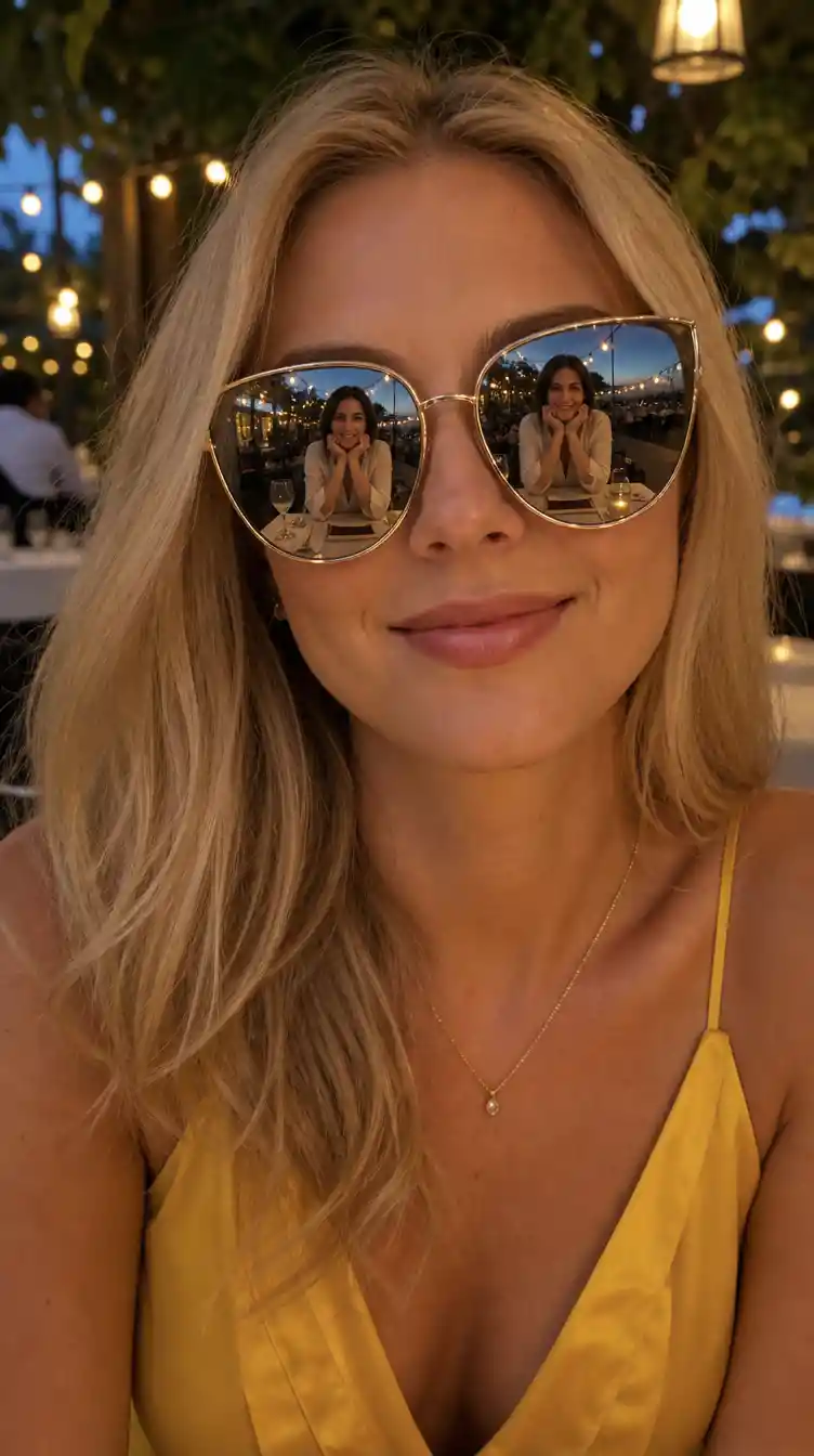 Blonde woman in sunglasses on a summer restaurant date