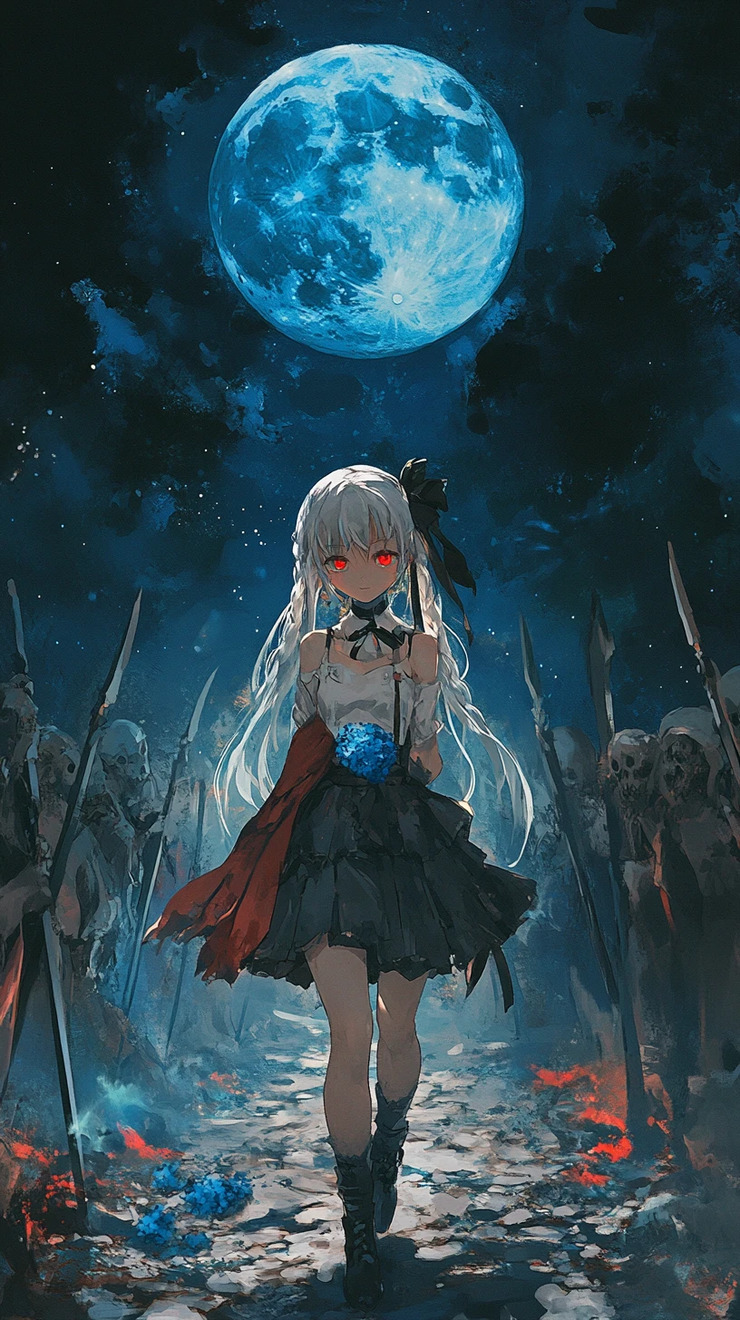 Garota de anime triste caminhando entre guerreiros fantasmagóricos à noite