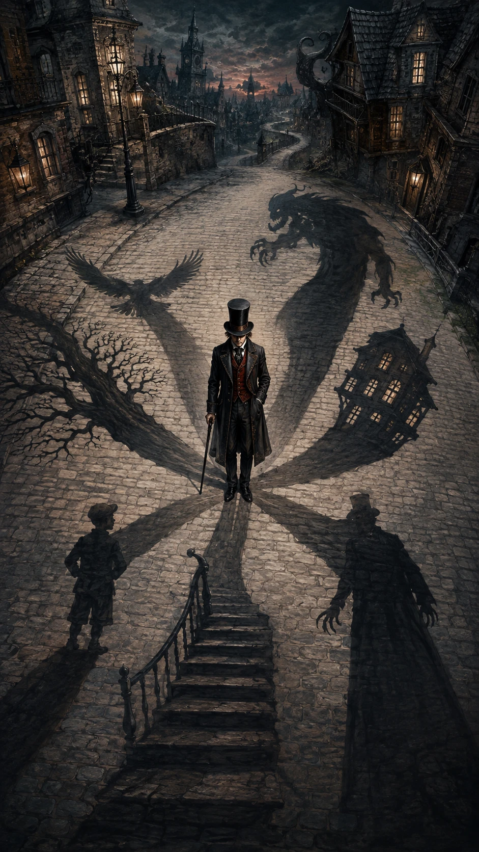 Victorian gentleman with surreal shifting shadows at dusk