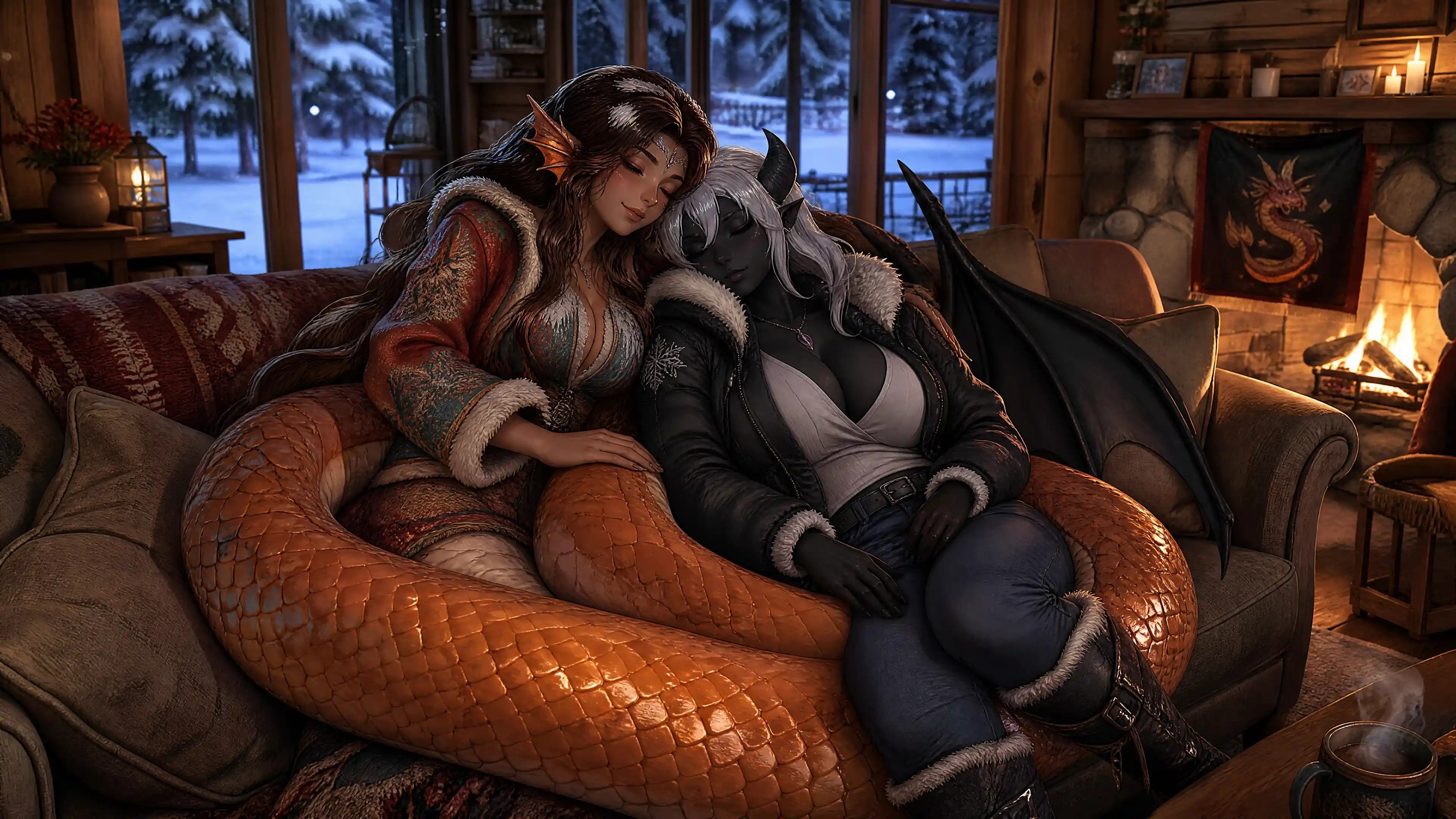 Naga-Frau umarmt Gargoyle-Ehefrau auf dem Sofa in einer Winterhütte