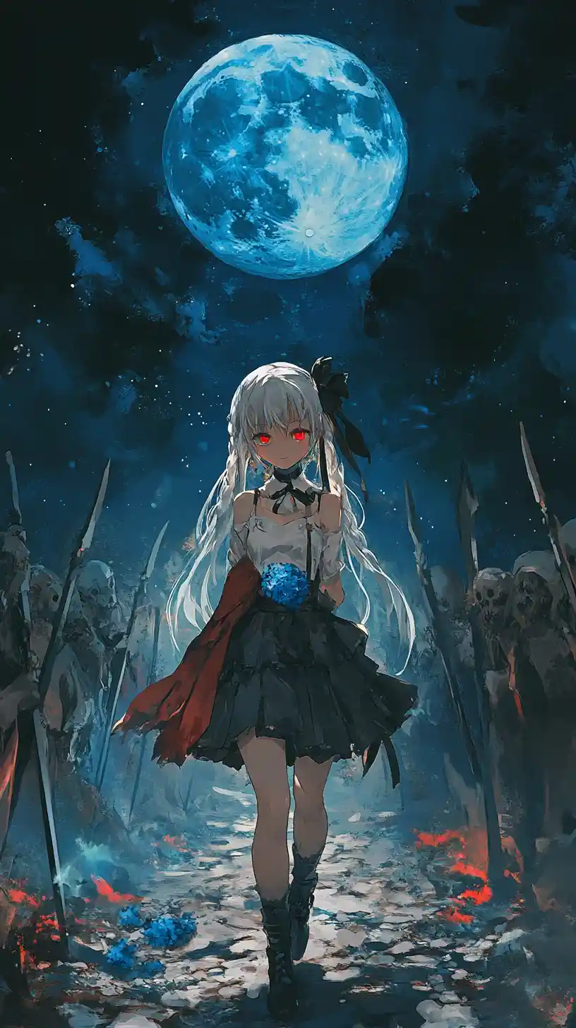 夜の幽玄な戦士たちの間を歩く悲しいアニメ少女