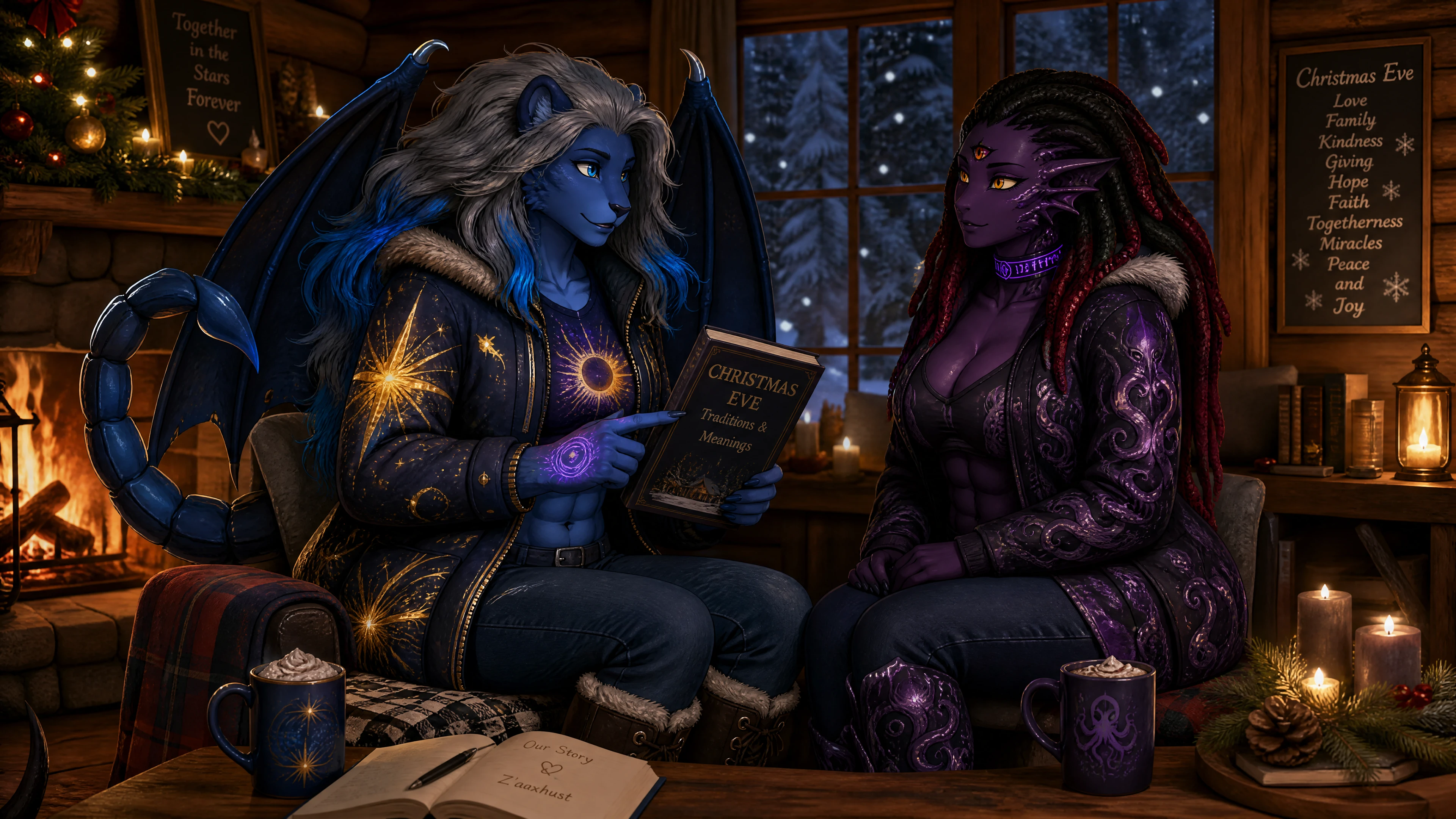 Fantasy lion woman teaching Christmas Eve in snowy cabin