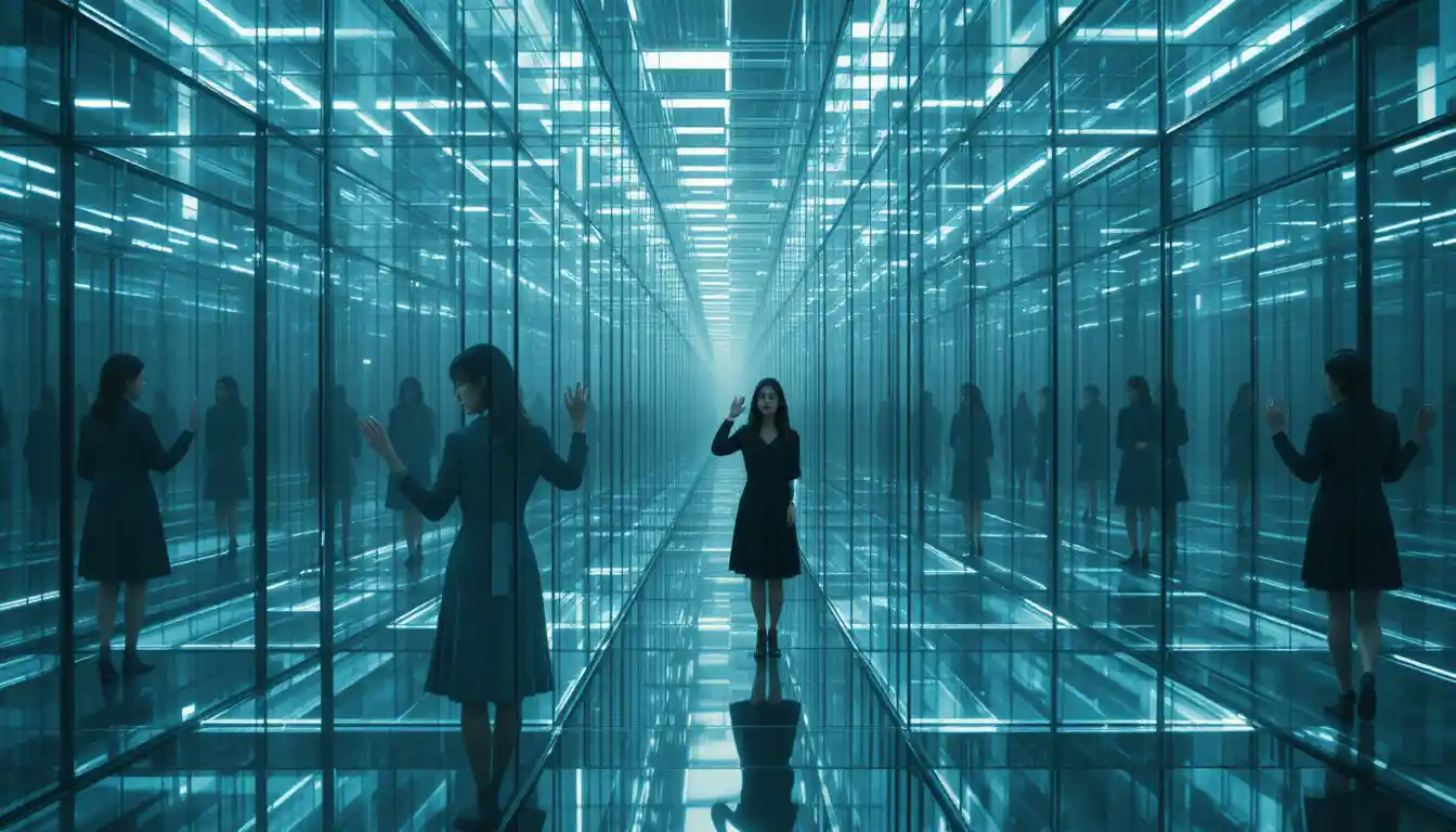Two distant women in a vast reflective glass labyrinth