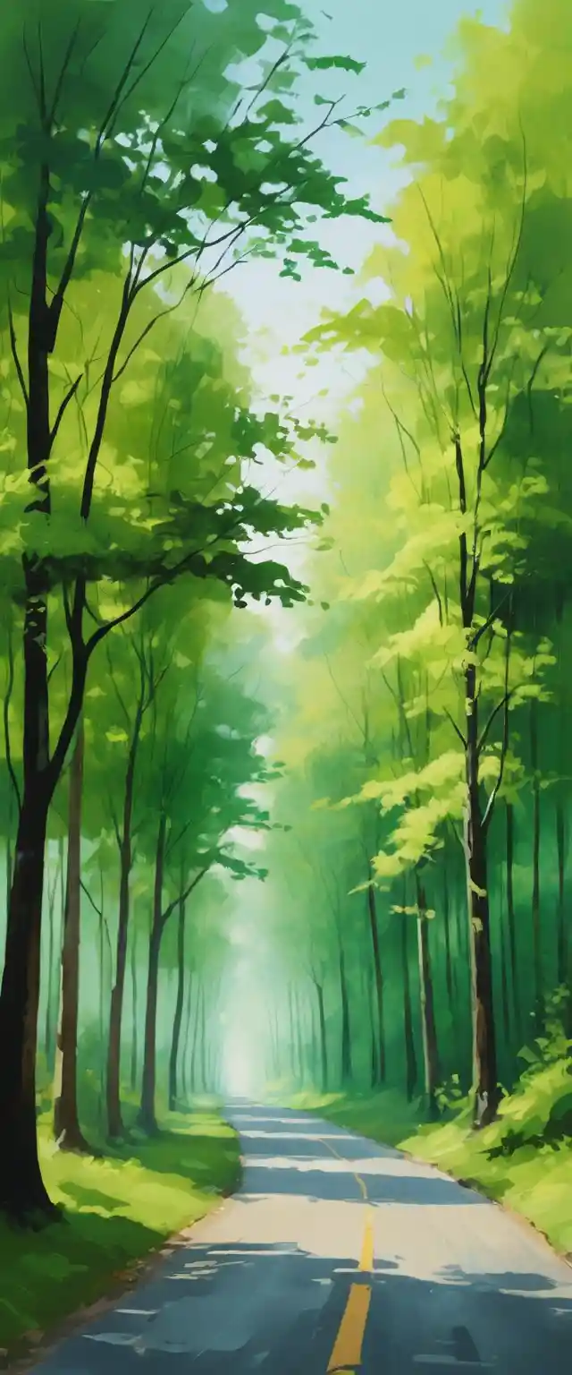 Forest road winding through tall green trees in soft paint