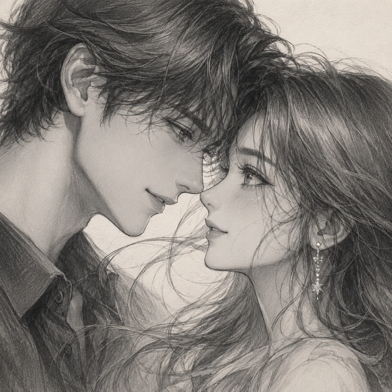 Retrato a lápis de casal de anime romântico em close