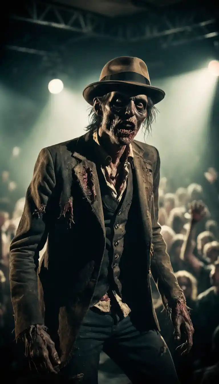 Zombie rock band performing on a crowded concert stage