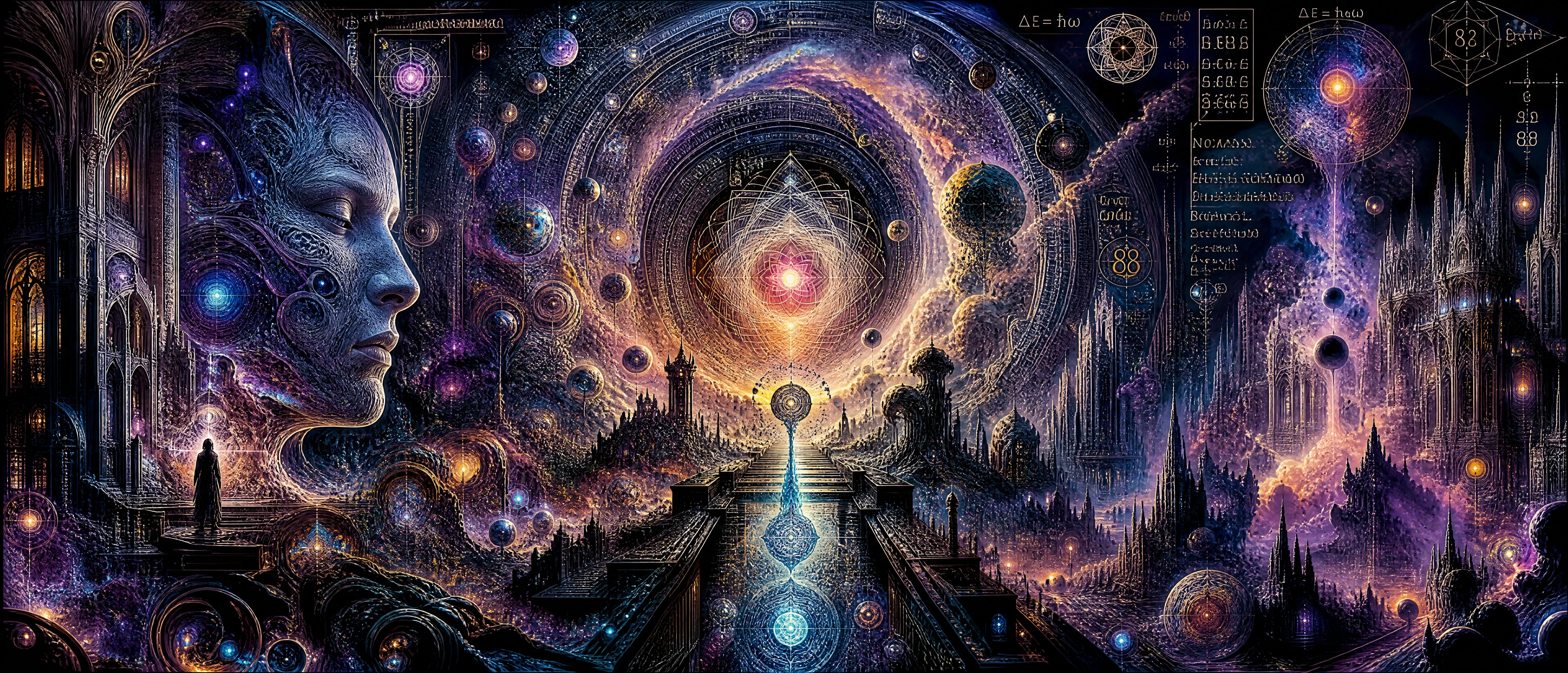 Cosmos fractal surreal com arquitetura abstrata luminosa