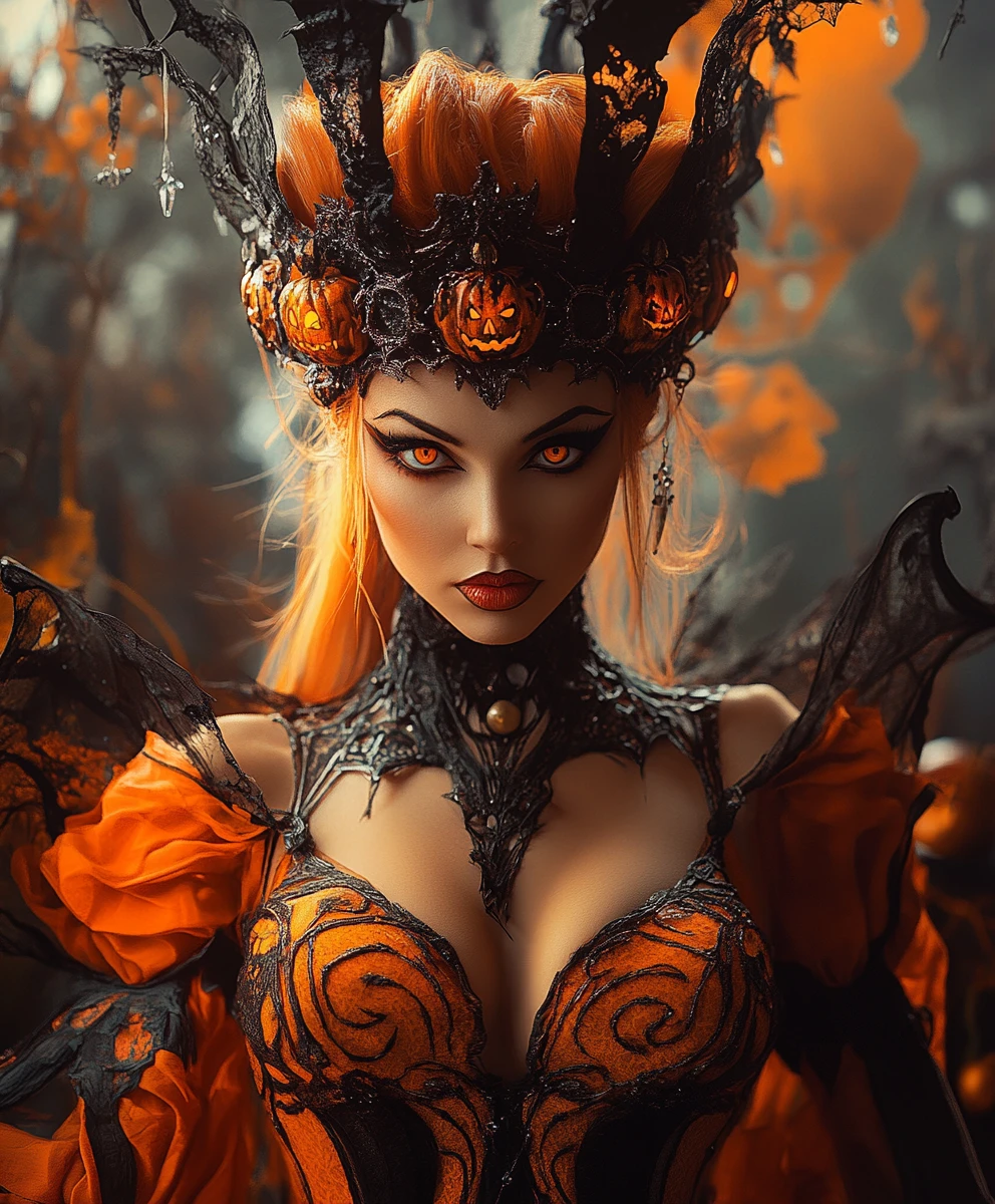 Rainha mística de Halloween em um cenário assombrado