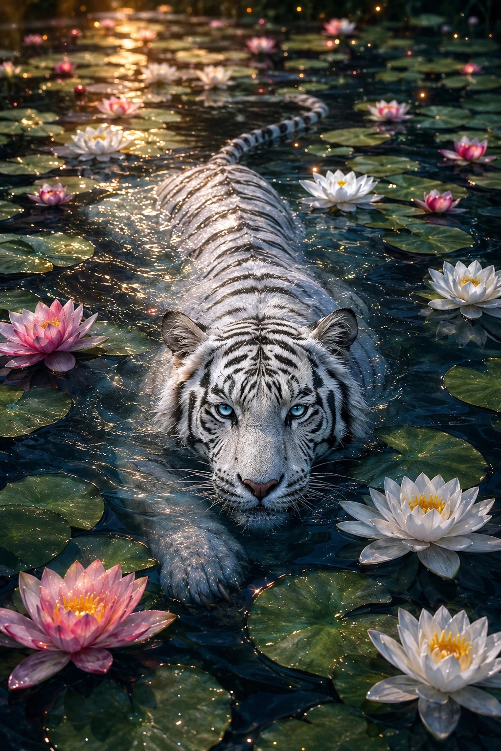 Tigre blanco nadando en un tranquilo lago de lirios de agua