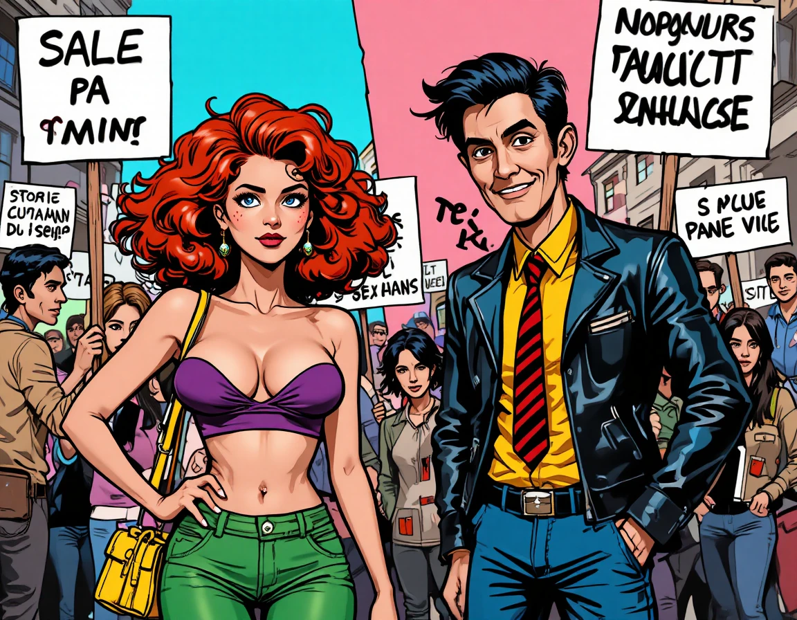 Casal em desenho animado em protesto com cartazes satíricos e ousados sobre sexo