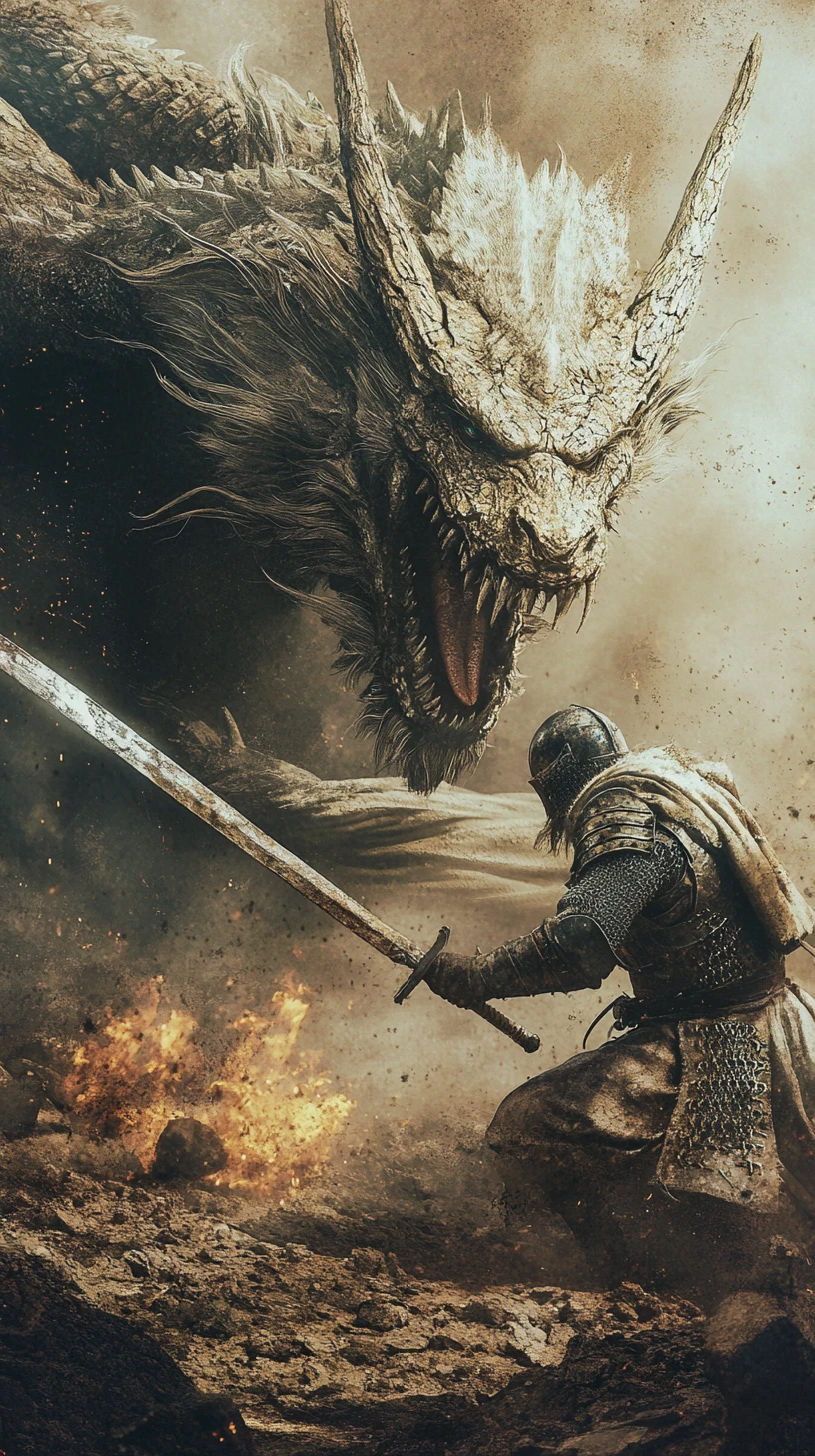 Medieval knight facing a massive dragon on ruined stone battlefield