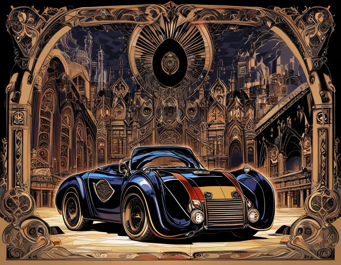 Gargoyle mascot guarding a gothic sports car advertisement